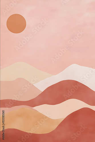 Minimalist brown pastel artwork of boho desert mountains Minimalist brown pastel boho design with sun and desert mountains Peach pink and rosecolored abstract boho photo