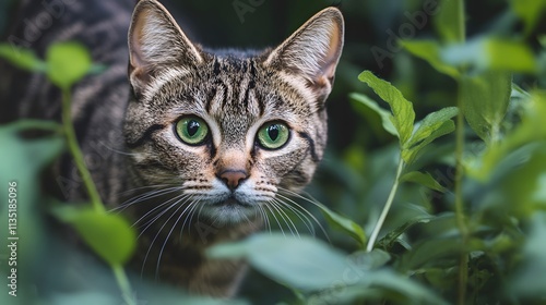 Wallpaper Mural Mysterious cat with striking green eyes hides among lush foliage in afternoon light Torontodigital.ca