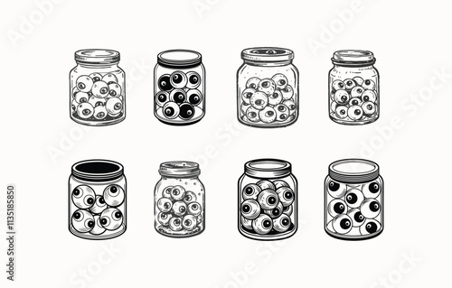 Set of Glass jar with eyeballs in liquid isolated on white background. Hand-drawn vector illustration in doodle style.