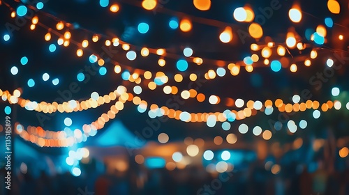 Outdoor festival new year celebrations Abstract Background With Defocused Bokeh Lights, vibrant stage lights and a lively crowd dancing under fireworks photo