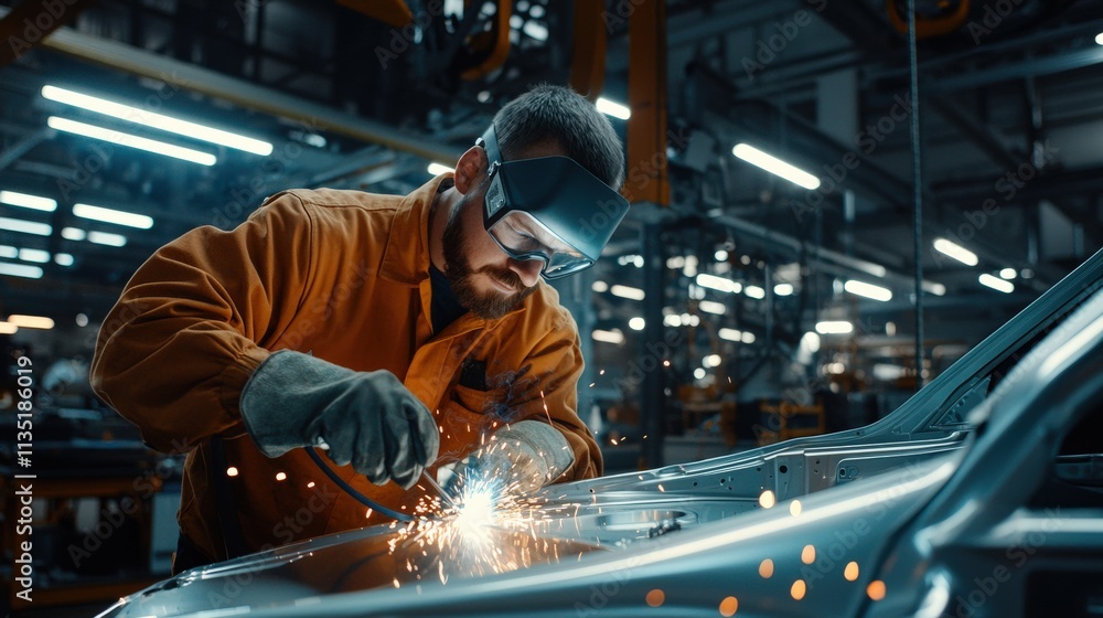 A welder working on a car body in a brightly lit automotive factory A welder working on a car body in a brightly lit automotive factory
