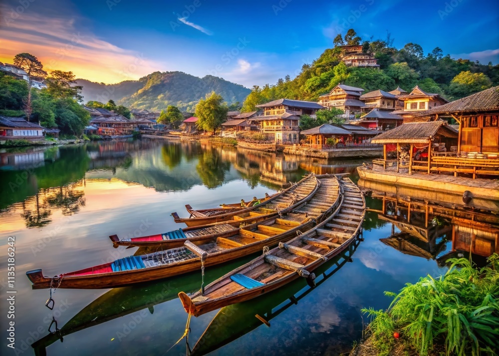 Fototapeta premium Stunning Traditional Chinese Boats at Baan Rak Thai Village by Serene Lake in Mae Hong Son, Thailand, Perfect for Urban Exploration and Scenic Tourism Photography
