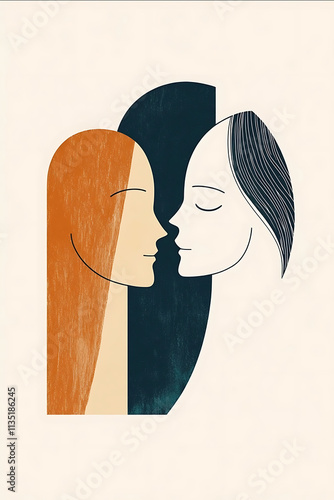 A simple illustration of two faces one woman with long hair and the other a child in a line art style with a vector flat minimalistic design a bold color palette te photo