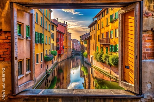 Stunning View of Bologna's Iconic Window Overlooking Moline Canal on a Sunny Day, Showcasing Architectural Beauty and Serene Water Reflections