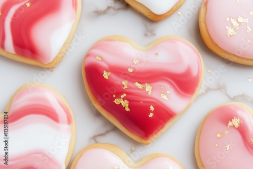 elegant heart-shaped cookies featuring a marbled red, pink, and white icing design, accented with specks of edible gold leaf for Valentines