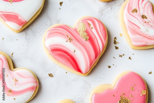 elegant heart-shaped cookies featuring a marbled red, pink, and white icing design, accented with specks of edible gold leaf for Valentines
