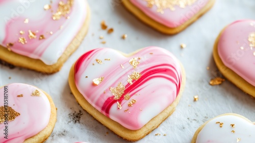 elegant heart-shaped cookies featuring a marbled red, pink, and white icing design, accented with specks of edible gold leaf for Valentines