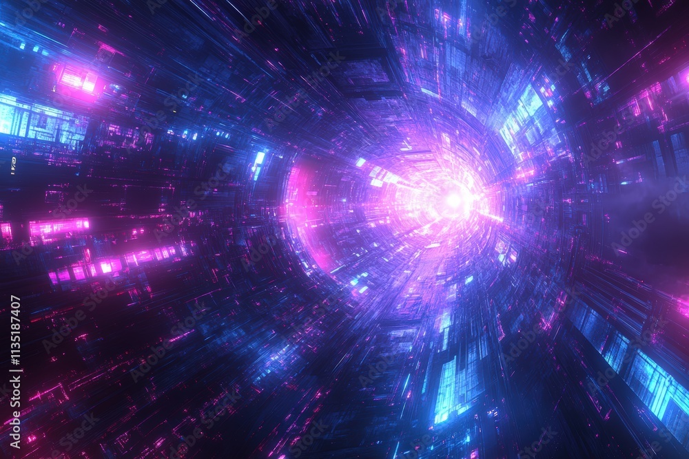 Naklejka premium Futuristic sci-fi background, dark empty space, blue and purple neon light