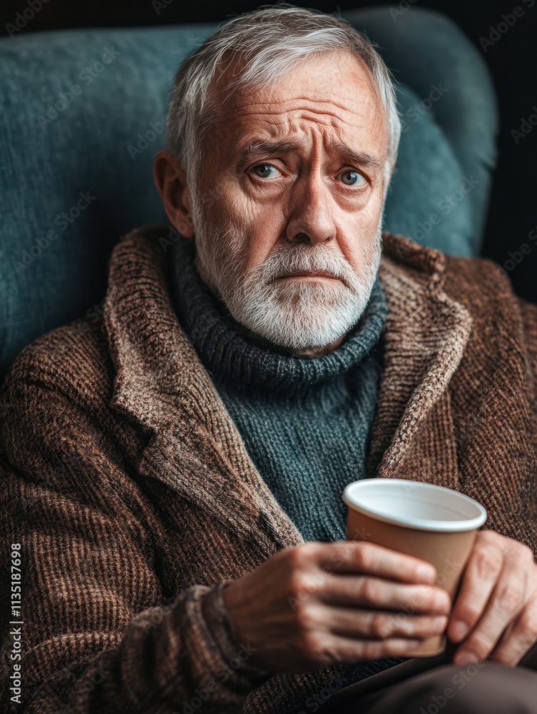 Depressed senior man sitting on armchair holding disposable cup of coffee and thinking. Frustrated retired man sitting on sofa. Sad mature man sitting alone at nursing home with sad expression. Depressed senior man sitting on armchair holding disposable cup of coffee and thinking. Frustrated retired man sitting on sofa. Sad mature man sitting alone at nursing home with sad expression.