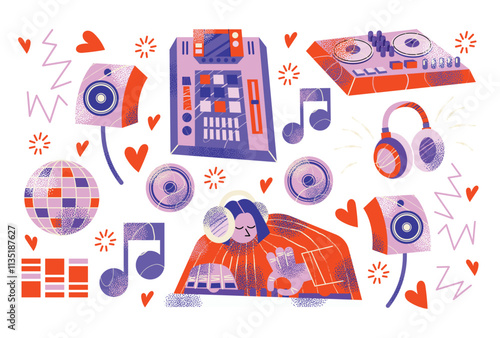 DJ equipment seamless pattern including turntables, mixer, speakers, headphones, disco ball, and music isolated on background. Flat vector style illustration. Music and party concept