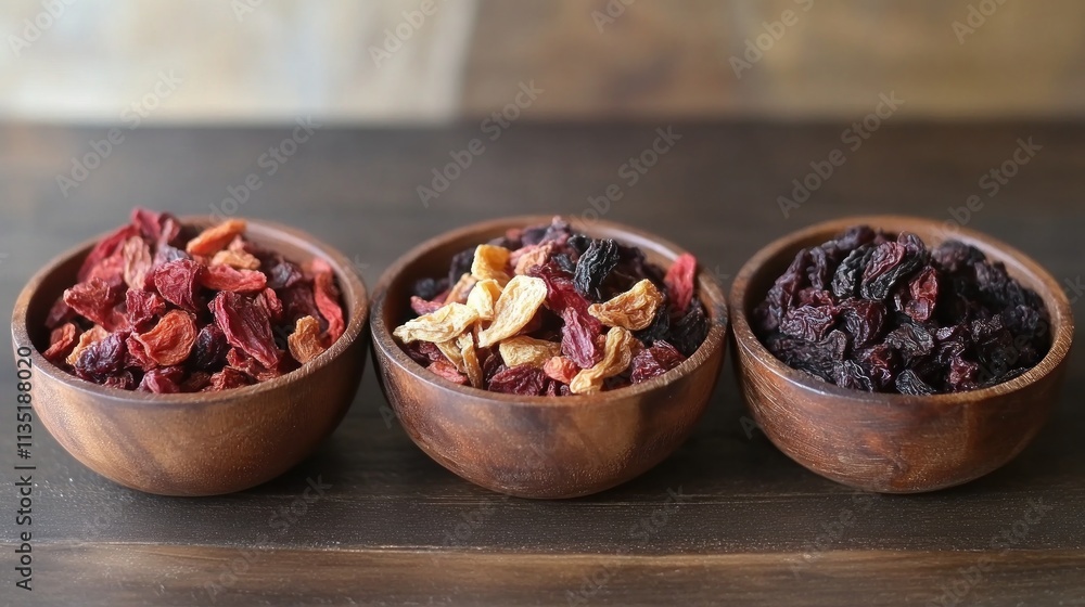 Three Wooden Bowls Hold Assorted Dried Fruits Three Wooden Bowls Hold Assorted Dried Fruits