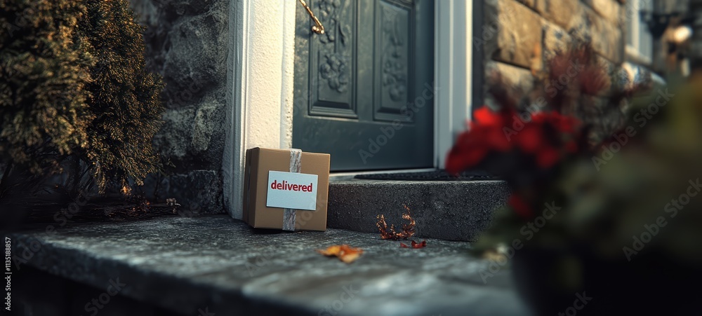 A package left at a doorstep with a A package left at a doorstep with a