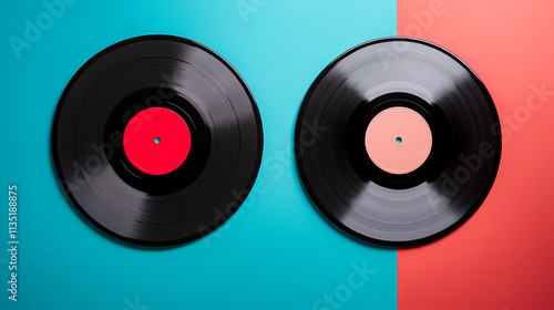 Two vinyl records on a split colorful background, red and blue halves. Timeless. Illustration
