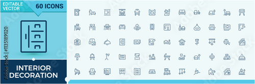 Interior Decoration vector line icon set. Includes icons for plan, furniture, engineering, roller, green, road, brickwork, calculate. Pixel perfect. Vector illustration.