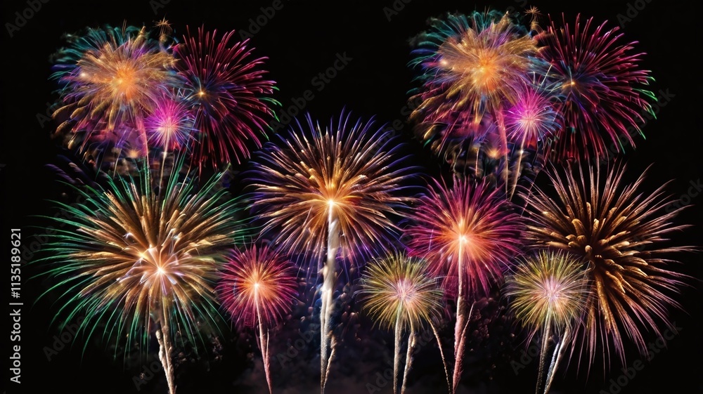 Naklejka premium Colorful celebration fireworks isolated on a night black sky background.
