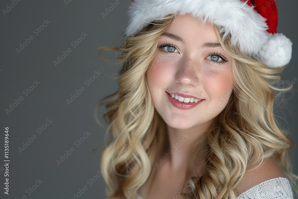 Smiling woman wearing Santa hat on gray background Smiling woman wearing Santa hat on gray background