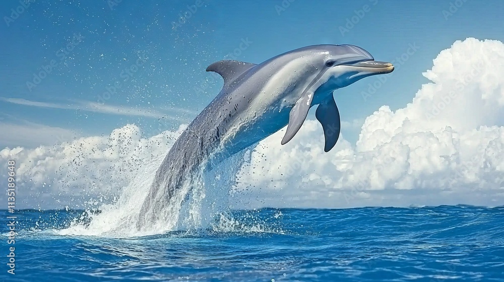Fototapeta premium A dolphin leaps gracefully above the ocean surface against a bright sky.