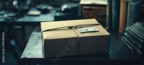 A parcel with a shipping label and tracking number, placed on a desk, symbolizing organized package tracking photo