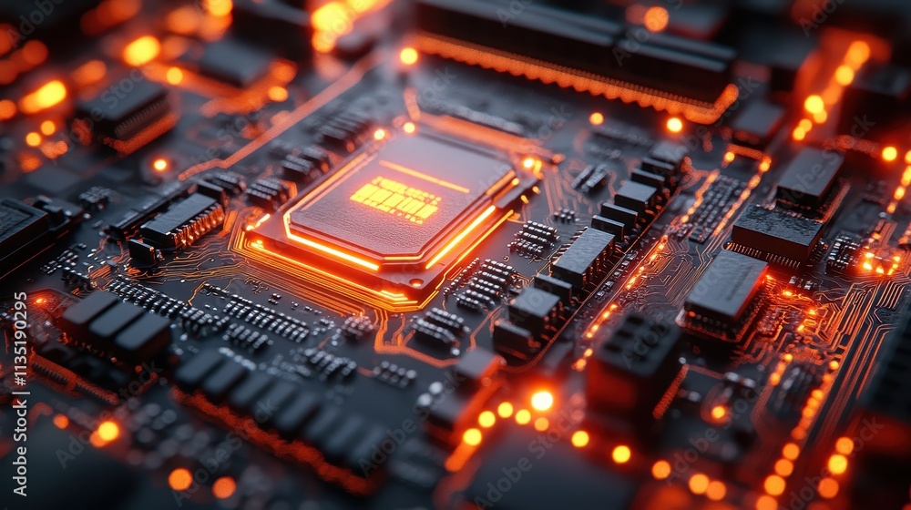 Close-up of Illuminated CPU on a Motherboard High-Detail 3D Render of Computer Hardware