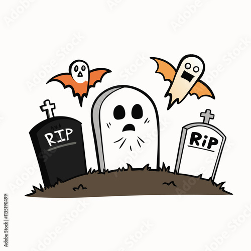 Vector design collection package of tombstones with various shapes, Scary spooky cemetery with graves and tree