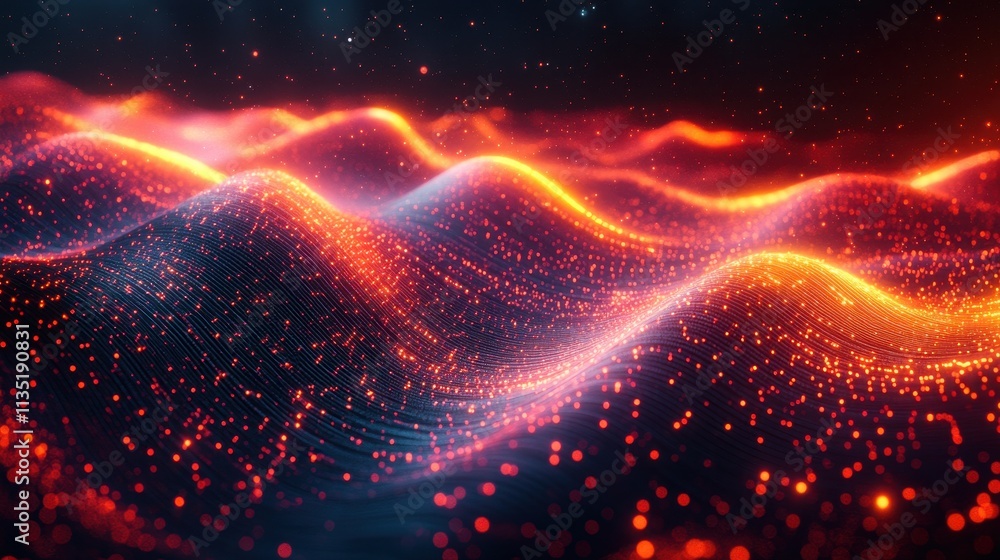 Abstract Glowing Particle Wave with Starry Night Sky Background. Abstract Glowing Particle Wave with Starry Night Sky Background.