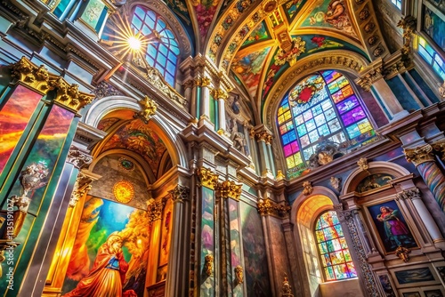 Sunlight Streaming Through Stained Glass in a Historic Italian Church, Illuminating Marble Interior with Stunning Religious Art and Architectural Details