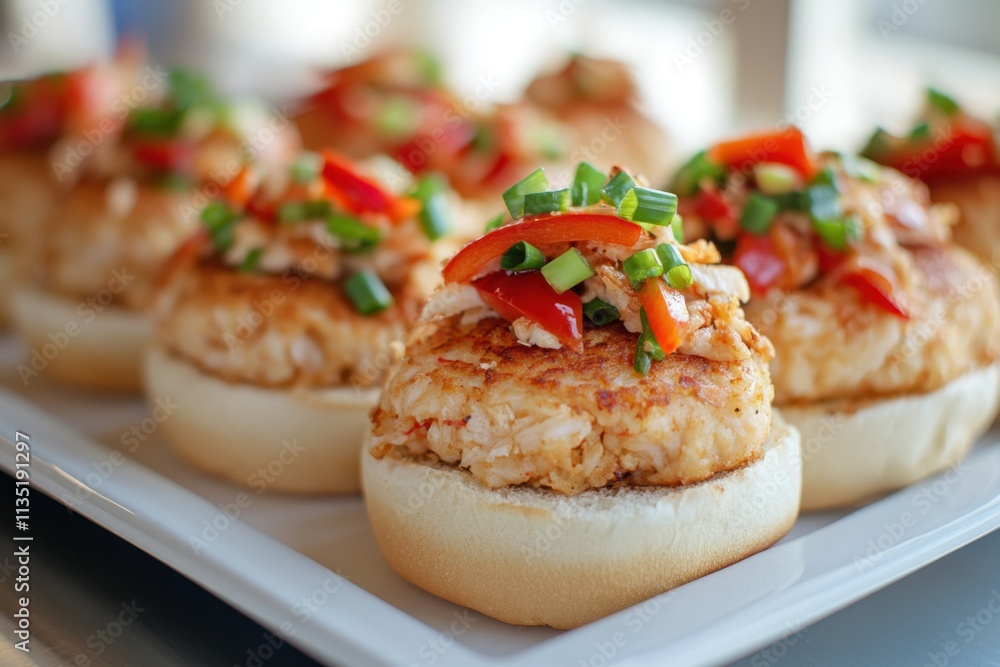 Mouthwatering mini crab cake sliders topped with red bell peppers and green onions are served on a white plate Mouthwatering mini crab cake sliders topped with red bell peppers and green onions are served on a white plate