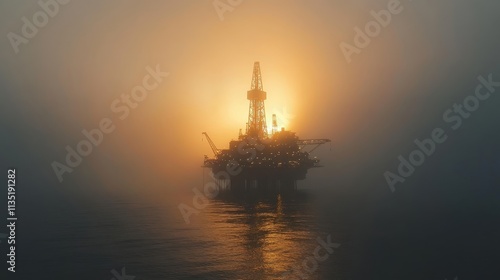 Ethereal Sunrise Over Oil Rig in Foggy Waters, Capturing the Mystique of Offshore Drilling Operations and the Beautiful Interplay of Light and Water