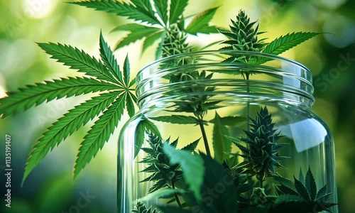 Cannabis sativa buds and leaves in a clear glass jar, nature background. photo