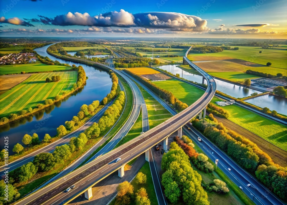Fototapeta premium Surreal Aerial Perspective of the A1 Highway with the Zandhazenbrug Railway Bridge in the Netherlands Capturing the Harmony of Modern Infrastructure and Nature