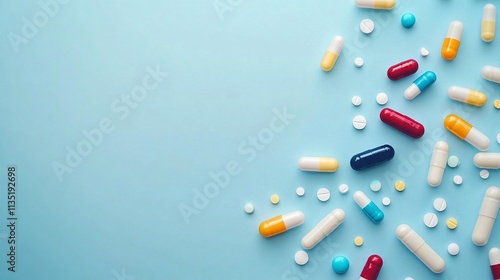 Variety of Colorful Medicine Tablets and Antibiotic Pills Arranged on a Soft Surface Ideal for Health and Wellness Promotions