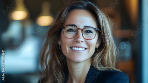 Confident businesswoman smiling warmly in a modern office environment