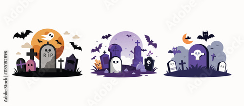 hand drawn set of Spooky tombstone vector illustration, RIP gravestone for Halloween, cemetery or tomb, stone crosses on white background