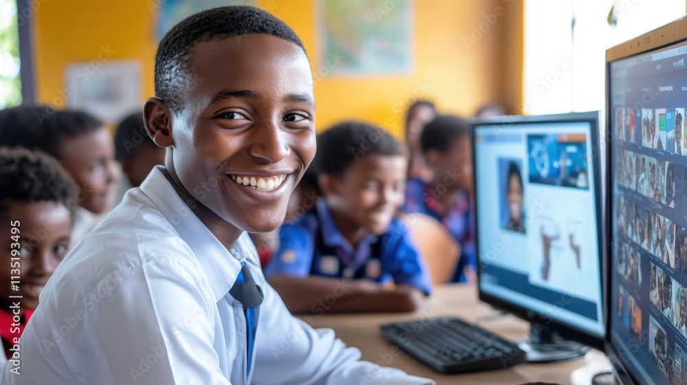 Happy student in classroom using computer technology Happy student in classroom using computer technology