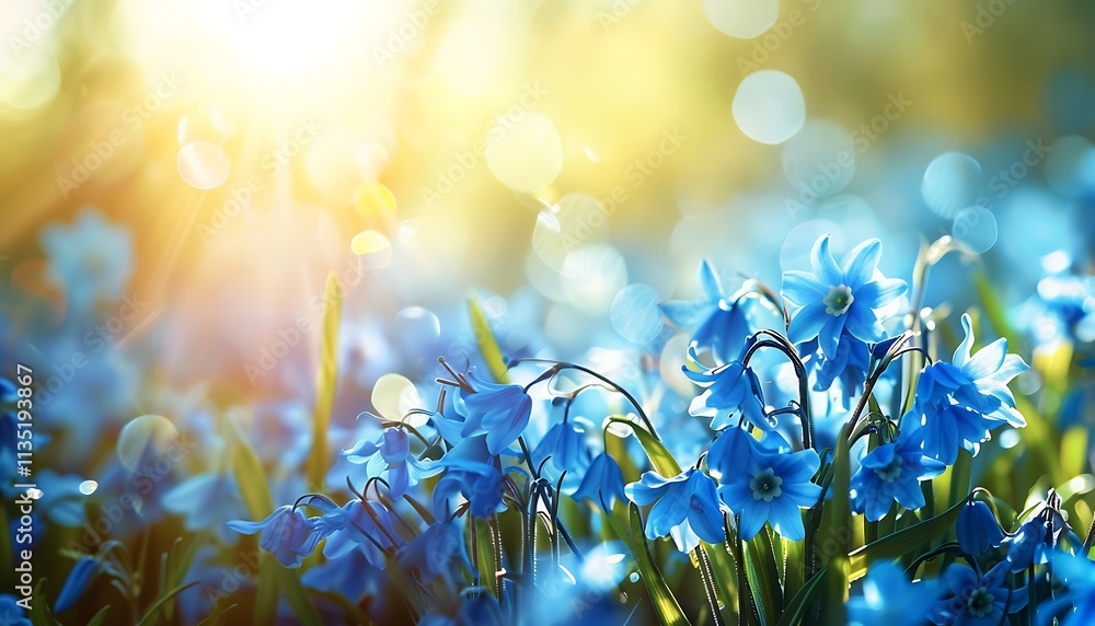 Fototapeta premium Blue hyacinths blooming in the meadow at sunset