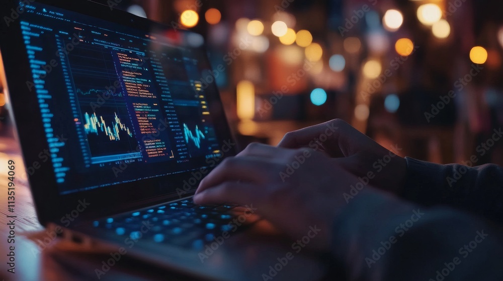Close-up of hands typing on a laptop displaying financial charts and data in a dim, blurred background. Symbolizes finance, technology, and data analysis.. AI Generation Close-up of hands typing on a laptop displaying financial charts and data in a dim, blurred background. Symbolizes finance, technology, and data analysis.. AI Generation