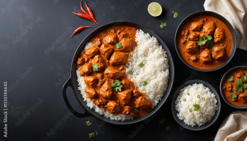 Top View of Butter Chicken with Rice - Mouth-Watering Restaurant Dish Top View of Butter Chicken with Rice - Mouth-Watering Restaurant Dish