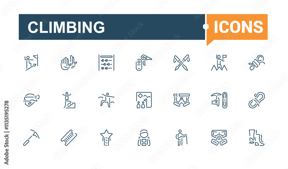 Climbing line icons set. It contains symbols to hiking, outdoors, climber, adventure, tourism and more. Simple icon designs. Editable stroke. Vector illustration. Climbing line icons set. It contains symbols to hiking, outdoors, climber, adventure, tourism and more. Simple icon designs. Editable stroke. Vector illustration.