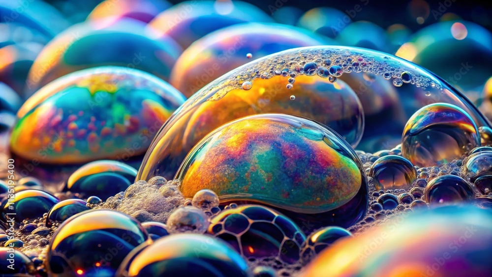Surreal Close-Up of Bubble Foam from Soap Shampoo Floating on Water Surface, Capturing the Ethereal Beauty of Reflections and Colorful Patterns in Nature's Elements Surreal Close-Up of Bubble Foam from Soap Shampoo Floating on Water Surface, Capturing the Ethereal Beauty of Reflections and Colorful Patterns in Nature's Elements
