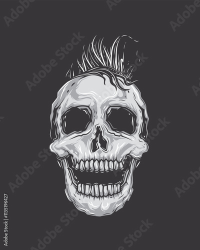 Human skull with mohawk and open jaw. Original vector illustration in vintage style. T-shirt design.