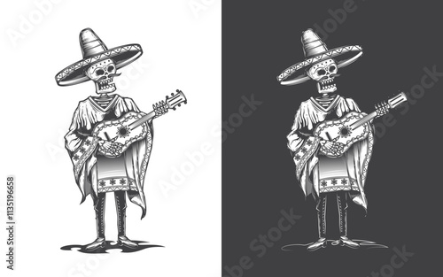 A skeleton in a sombrero with a guitar in his hands. Original vector illustration in vintage style. T-shirt design.