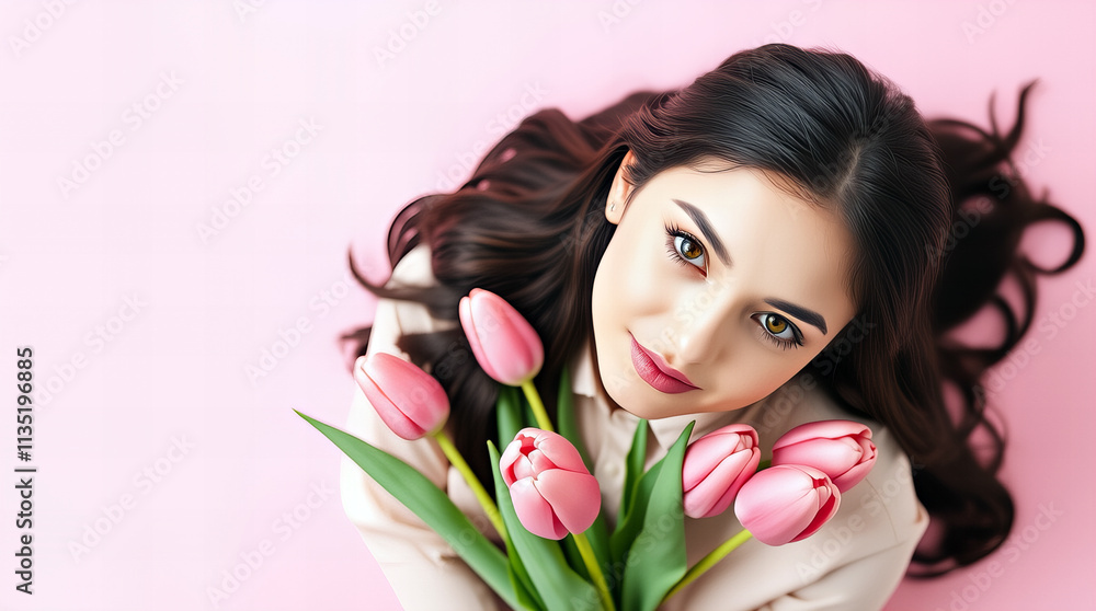 A portrait of a beautiful young woman with dark hair holding a bouquet of pink tulips, set against a soft pink background, evoking springtime and freshness.  

