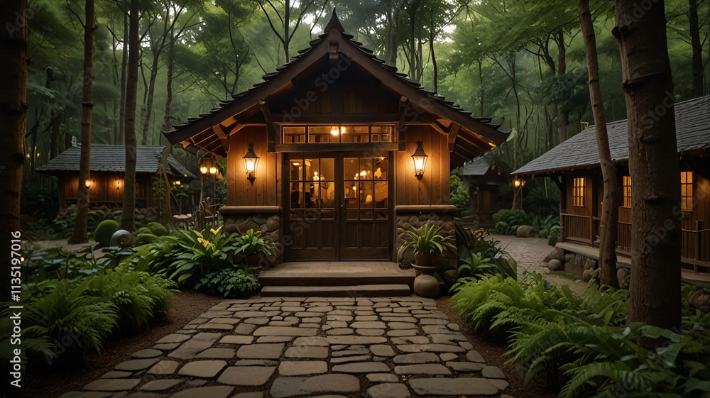 Naklejka premium Magical Cozy Forest Cabin with Glowing Windows and Misty Ambiance V6