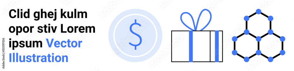 Three icons dollar sign in a circle, gift box wrapped with a bow, molecule structure with blue nodes, and placeholder text. Ideal for finance, ecommerce, gift, science, technology education Three icons dollar sign in a circle, gift box wrapped with a bow, molecule structure with blue nodes, and placeholder text. Ideal for finance, ecommerce, gift, science, technology education