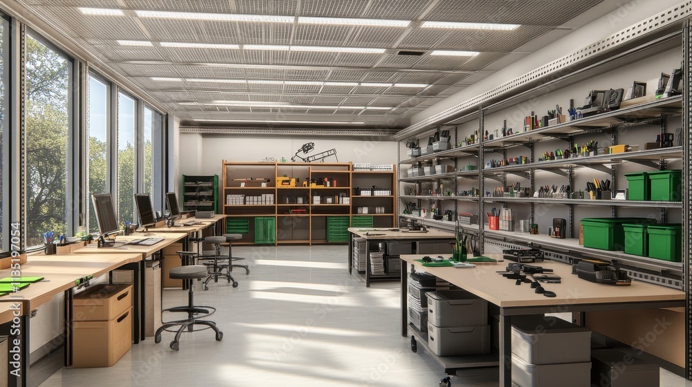 Bright and Modern Office Workspace with Tools and Equipment Bright and Modern Office Workspace with Tools and Equipment