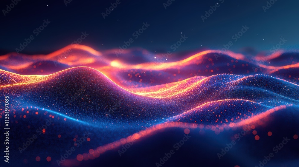 Abstract Glowing Particle Wave Landscape with Dark Blue Background and Stars. Abstract Glowing Particle Wave Landscape with Dark Blue Background and Stars.