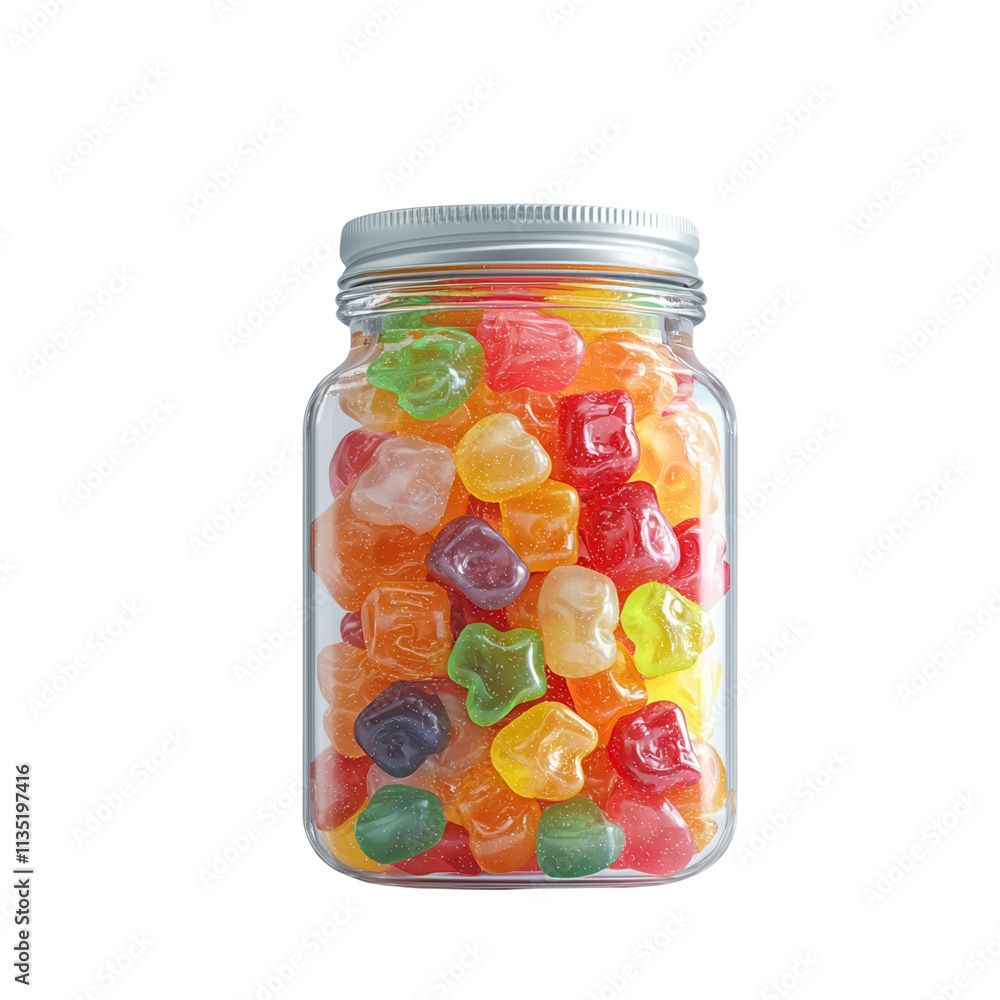 A jar filled with colorful gummy candies in various shapes and colors, showcasing a delightful assortment of sweet treats isolated on white background A jar filled with colorful gummy candies in various shapes and colors, showcasing a delightful assortment of sweet treats isolated on white background