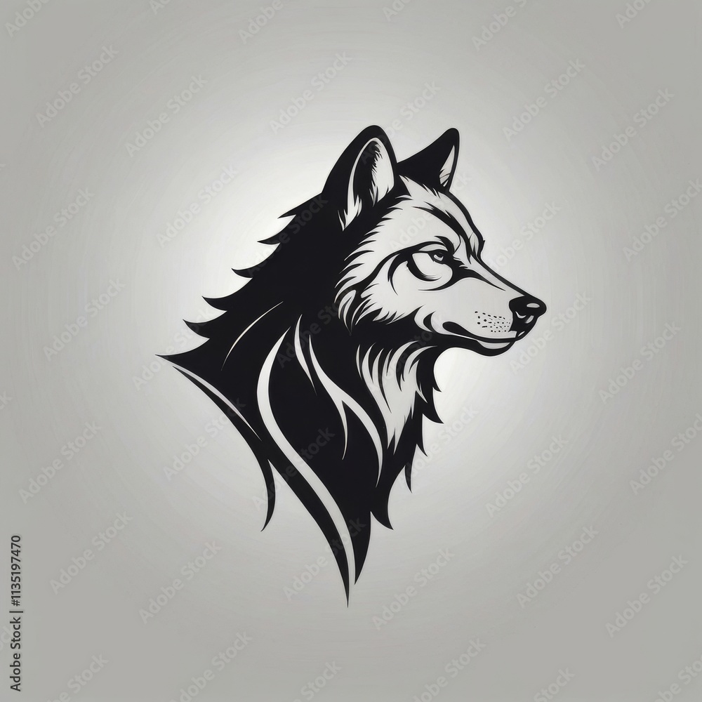 Fototapeta A black and white illustration of a wolf's head.