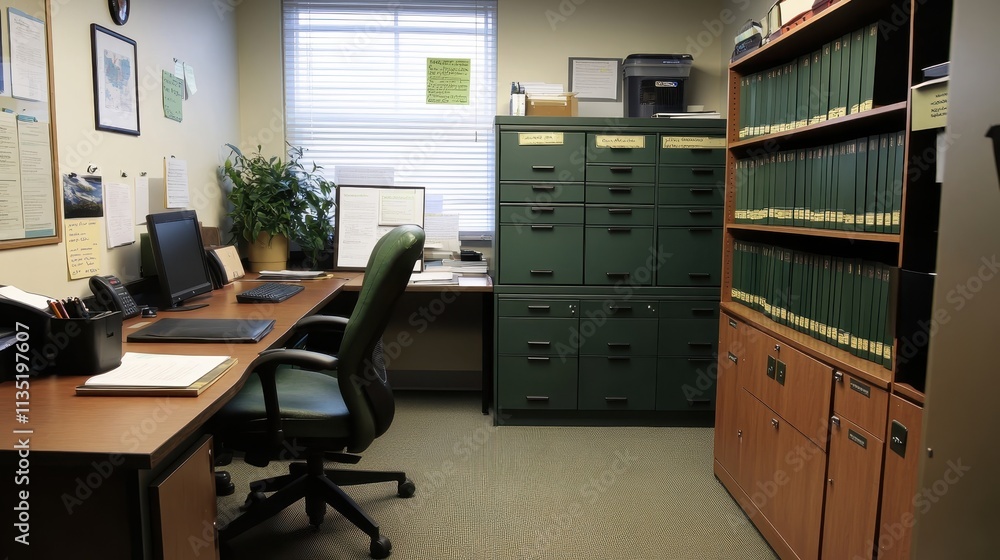 Cozy Office Setup with Filing Cabinets and Desk Area Cozy Office Setup with Filing Cabinets and Desk Area