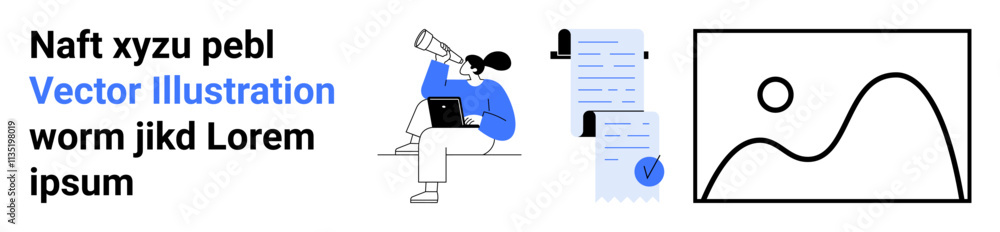 Character seated with laptop, viewing through monocular, nearby paperwork and abstract graph. Ideal for productivity apps, project management, business reports, technology, data analysis, remote Character seated with laptop, viewing through monocular, nearby paperwork and abstract graph. Ideal for productivity apps, project management, business reports, technology, data analysis, remote